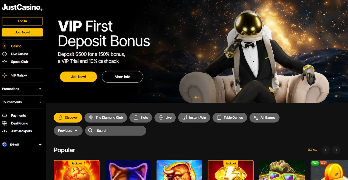 JustCasino homepage displaying first deposit bonus offer, selection of popular online pokies and site main navigation