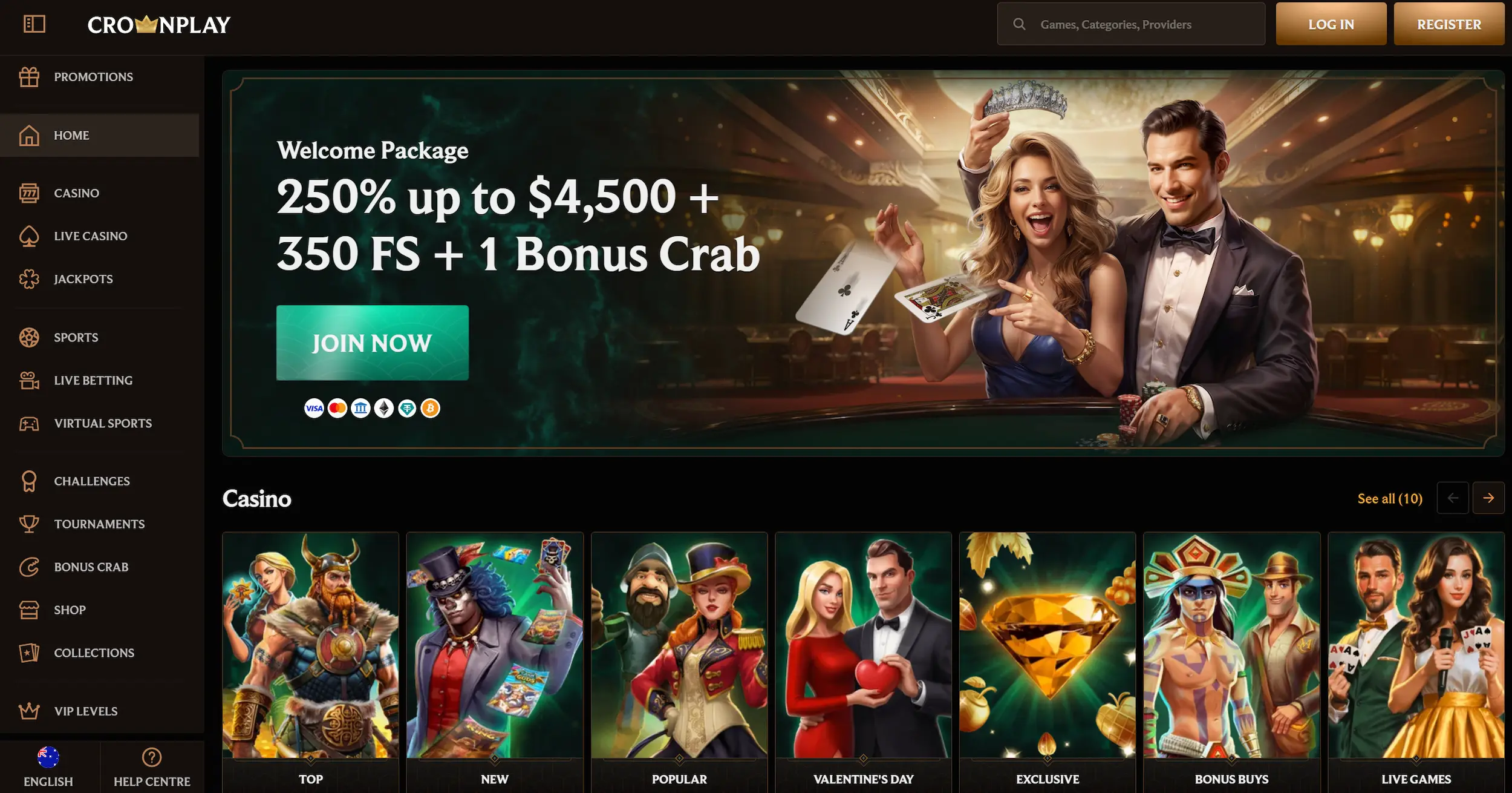 Crownplay casino homepage displaying welcome offer and site main navigation