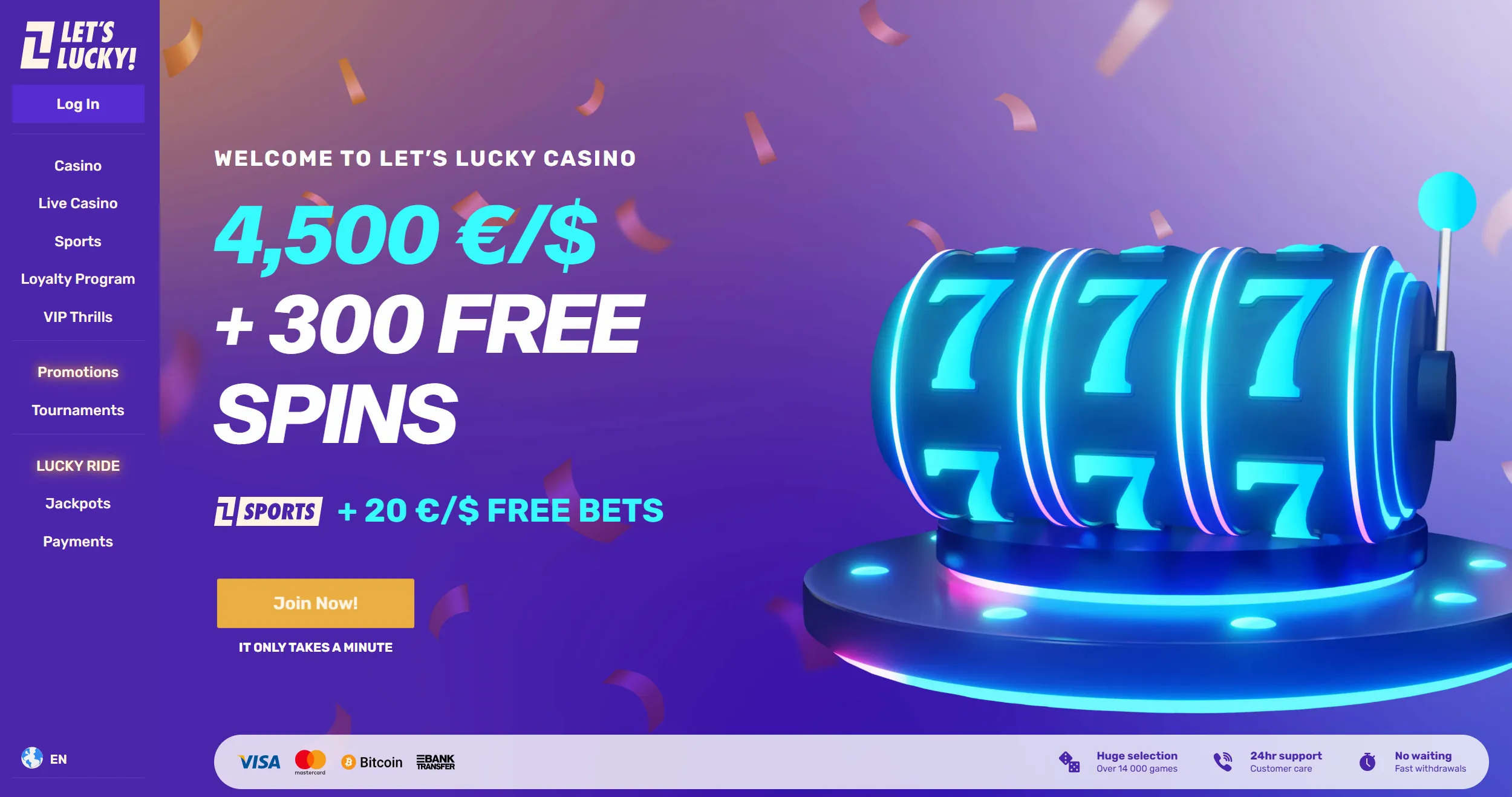 Lets Lucky casino homepage displaying welcome offer and site main navigation
