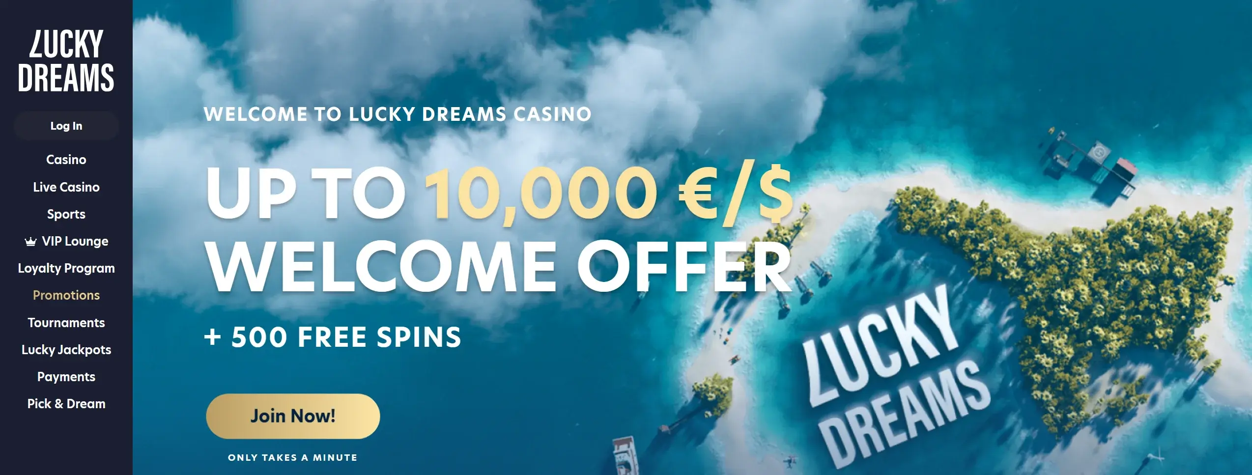 Lucky Dreams casino homepage displaying welcome offer and site main navigation